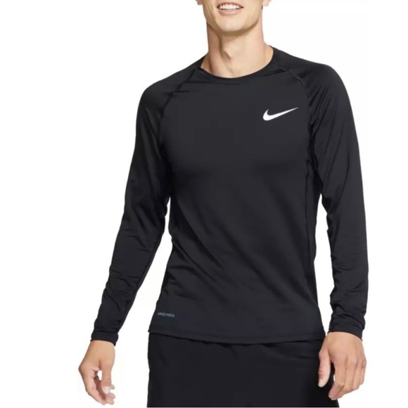 Nike Pro Slim Fit Training Shirt Black Long Sleeve Athletic Swoosh Logo Lg NEW - Picture 1 of 12